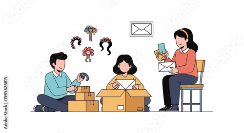 Family Packing and Sending Mail with Kids and Mother at Home