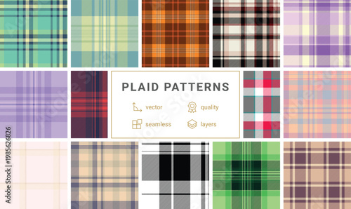 Traditional plaid pattern bundle adapted for birthday aesthetics. Classic tartan structure adds charm to cards and decor. Seamless vectors maintain flow.