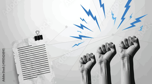 Protest concept with raised fists, lightning bolts and a document with a binder clip