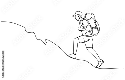 Single continuous line drawing direction pointer hiker man backpacks hiking traveling and tourism.