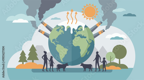 Global warming and climate change with pollution, melting ice, and human impact