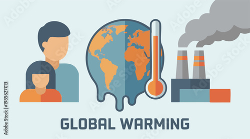 Global Warming Concept with Melting Earth, Factory Emissions, and People