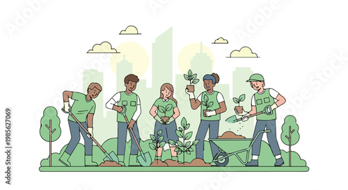 Group of children playing outdoors in a park with trees and clouds, enjoying a sunny day and fresh air