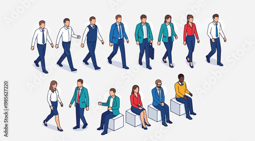 Set of isometric business people walking and sitting