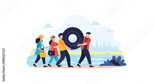 Group of People Walking Outdoors with Large Gear Wheel