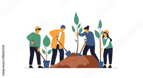 Team of Diverse People Planting Trees for Environmental Conservation