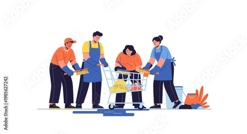 Group of People Grocery Shopping with Cart and Basket