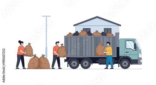 Logistics and Warehouse Workers Loading Food Parcels onto Delivery Truck