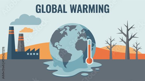 Global Warming concept with melting planet, industrial pollution, and deforestation