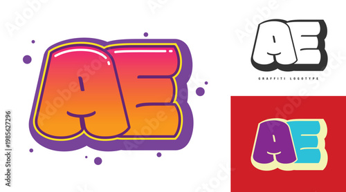 AE logo design for festival or party. Initial letter a and e in graffiti style. Creative modern lettering company name of font typography. Kids trendy logotype or identity.