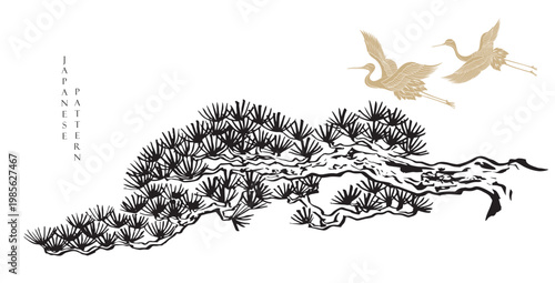 Black bonsai tree and crane birds background with Chinese painting in Traditional style. Brush stroke vector