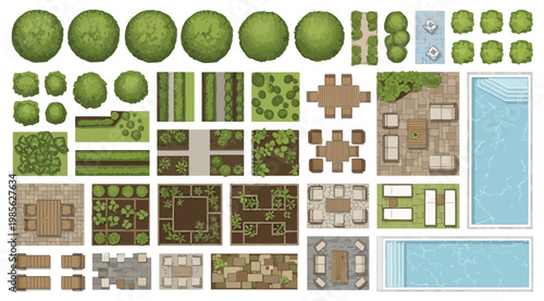 Top view of garden landscape elements with trees, swimming pool, and patio furniture