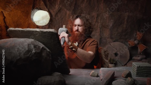 Caveman writer suffering from a severe headache and overwork stress in his cave office.