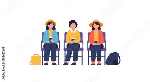 Travelers Waiting at Airport Gate with Luggage and Headphones