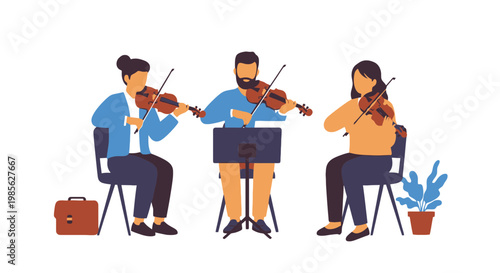 Elegant string trio performing classical music in a modern setting