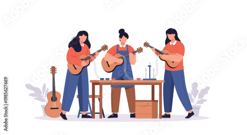 Women Playing Acoustic Guitar and Singing in Studio Setting