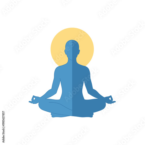 A serene blue silhouette of a person meditating in a peaceful lotus position, centered with a calming yellow halo, symbolizing inner peace, mindfulness, and spiritual well-being