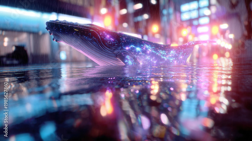 Surreal whale humpback whale neon city night rain cyberpunk art glowing water fantasy animal urban street reflection digital illustration Surreal whale humpback whale neon city night rain
