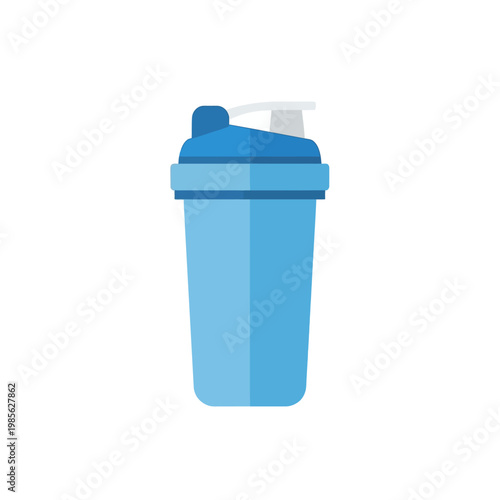 Flat design illustration of a blue protein shaker bottle, an essential fitness concept and nutrition concept item, ideal for gym enthusiasts and healthy lifestyle branding