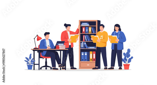 Modern Office Team Collaborating with Books and Technology