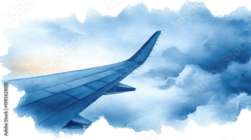 Airplane wing aircraft window seat cloud sky watercolor blue travel flying horizon Airplane wing aircraft window seat cloud sky watercolor blue travel flying horizon view illustration painting