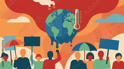 Global warming protest with melting Earth, rising temperatures, and pollution