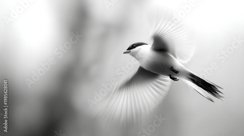 Minimalist bird flight black and white bird abstract motion blur flying bird soft focus feather graceful wing spread light background artistic wildlife photo serene sky freedom concept
