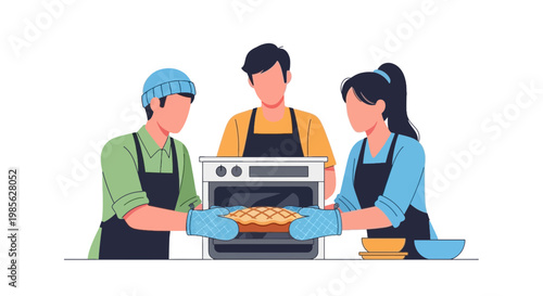 Family Baking in Kitchen with Oven and Ingredients