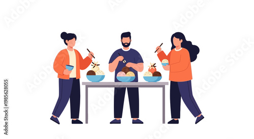 Group of Three People Cooking and Enjoying Food Together