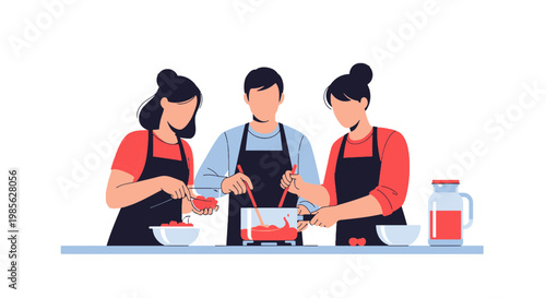 Three people baking together in a modern kitchen