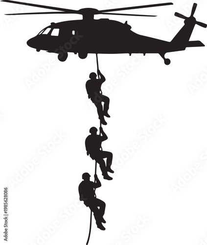 Soldiers Rappelling Down Helicopter on White Background