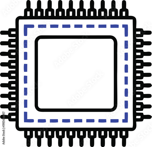 Stylized Microchip With Blue Dashed Outline and Pins on White Background processor