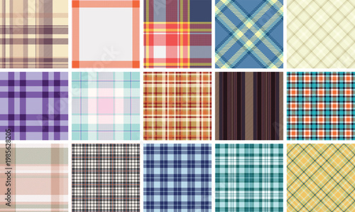 Seasonal tartan pattern pack for decor branding. Autumn plaid textures enhance lifestyle visuals. Seamless vectors blend smoothly.