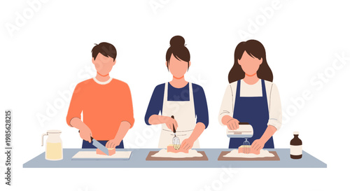 Young Adults Baking Cookies in Kitchen with Baking Ingredients