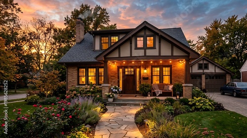 Cozy Craftsman Home Exterior at Sunset with Beautiful Garden