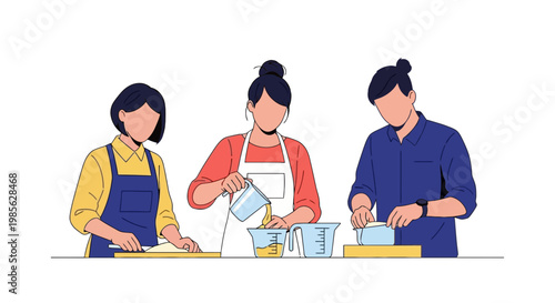 Group of People Baking and Preparing Food in Kitchen