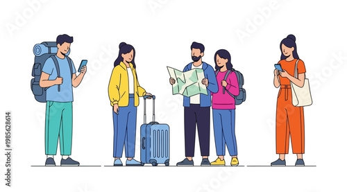 Group of young people travelers with backpacks and luggage