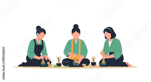 Three women practicing traditional tea ceremony in a cultural setting