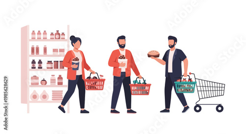 Modern shoppers using shopping carts in grocery store aisle