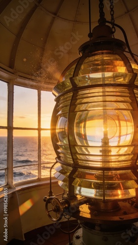Lighthouse lamp shines at sunset overlooking the ocean