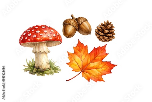 Watercolor forest with mushroom acorns pinecone and leaf