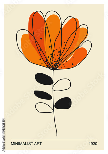 Minimalist Abstract Flower Line Art with Orange Petals, Modern Botanical Illustration