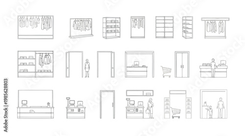 Set of store interior furniture and equipment line icons