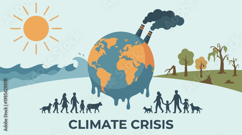 Environmental Climate Crisis with melting globe, factories, deforestation