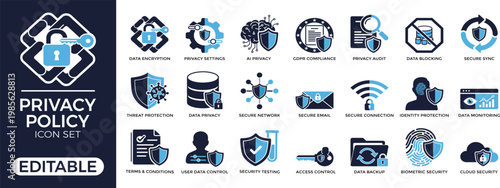 Data Security and Privacy Icon Set with Encryption GDPR Compliance and Protection Symbols Solid Vector Collection