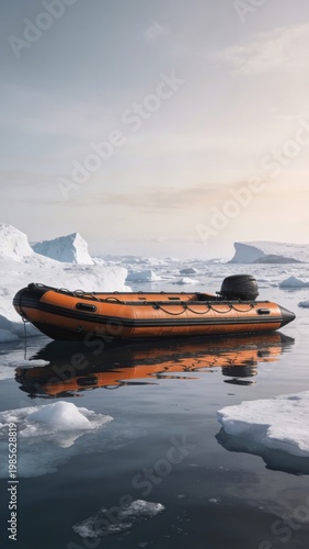 Orange inflatable boat floating in icy waters near icebergs