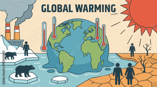 Global Warming concept with Earth, melting ice, pollution, and drought