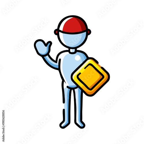 3D cartoon illustration of a builder Santa Claus wearing a yellow safety helmet and holding a blank sign alongside a gift as a friendly construction worker character for business service