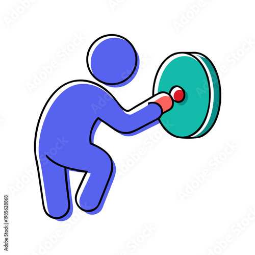 A 3d cartoon character businessman holding a megaphone stands next to a giant push pin and fitness ball to represent a successful gym business training concept