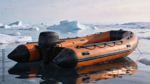 Orange inflatable boat floating in icy polar waters near icebergs